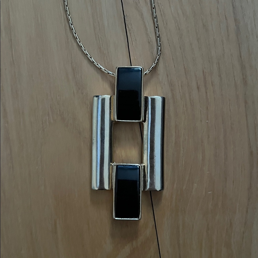 Vintage Modernist Geometric Black and Gold Pendant Necklace